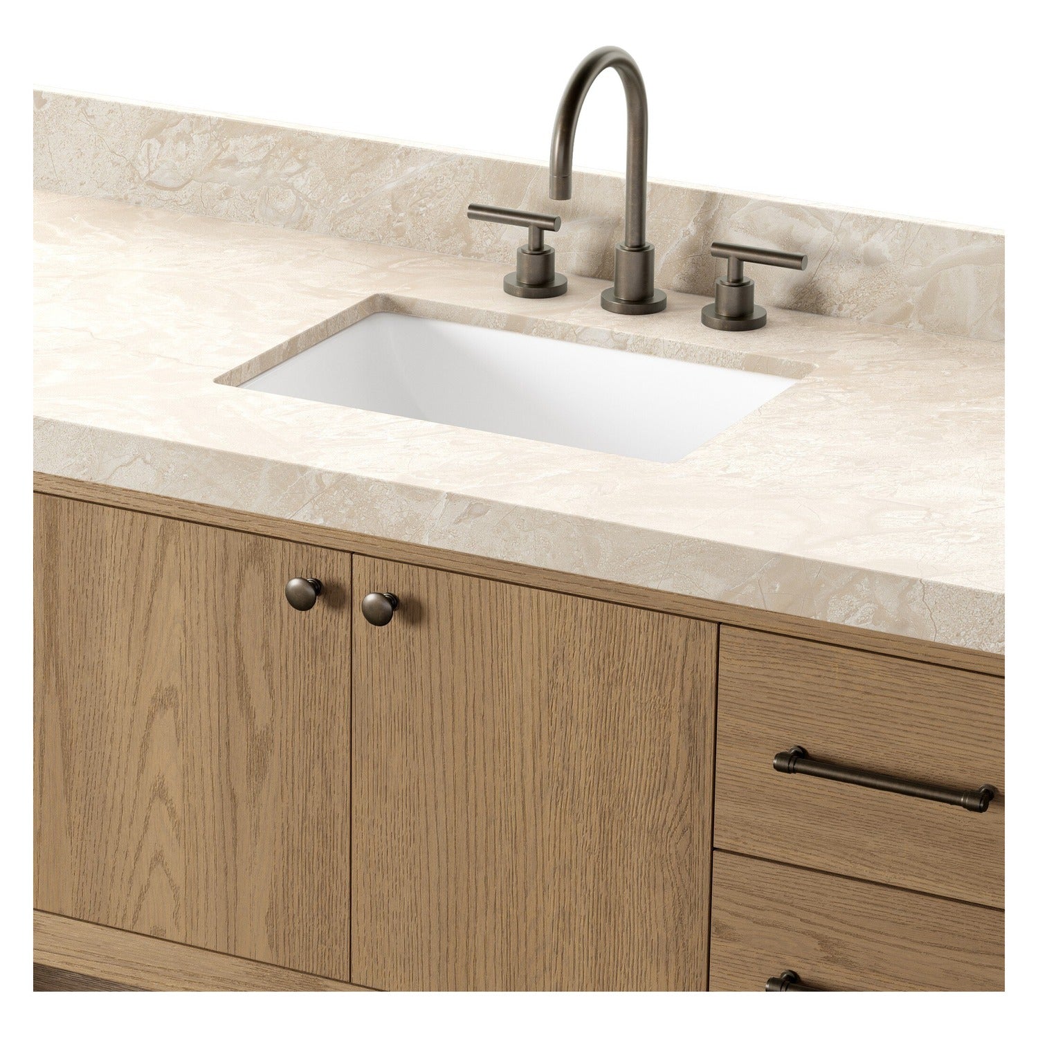 Four Hands Anthem Single Wide Vanity in satin light wash oak with Carrara marble top, close-up detail of brass hardware and oak veneer, view 2