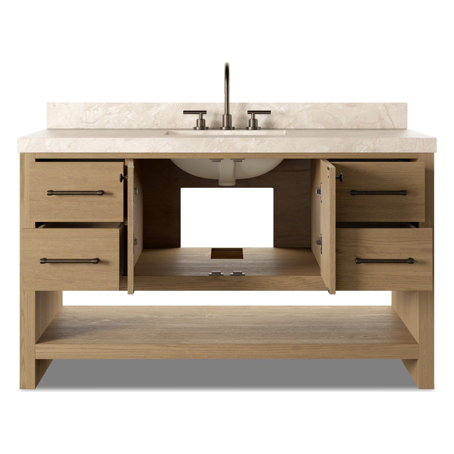 Four Hands Anthem Single Wide Vanity in satin light wash oak with Carrara marble top, close-up detail of brass hardware and oak veneer, view 1