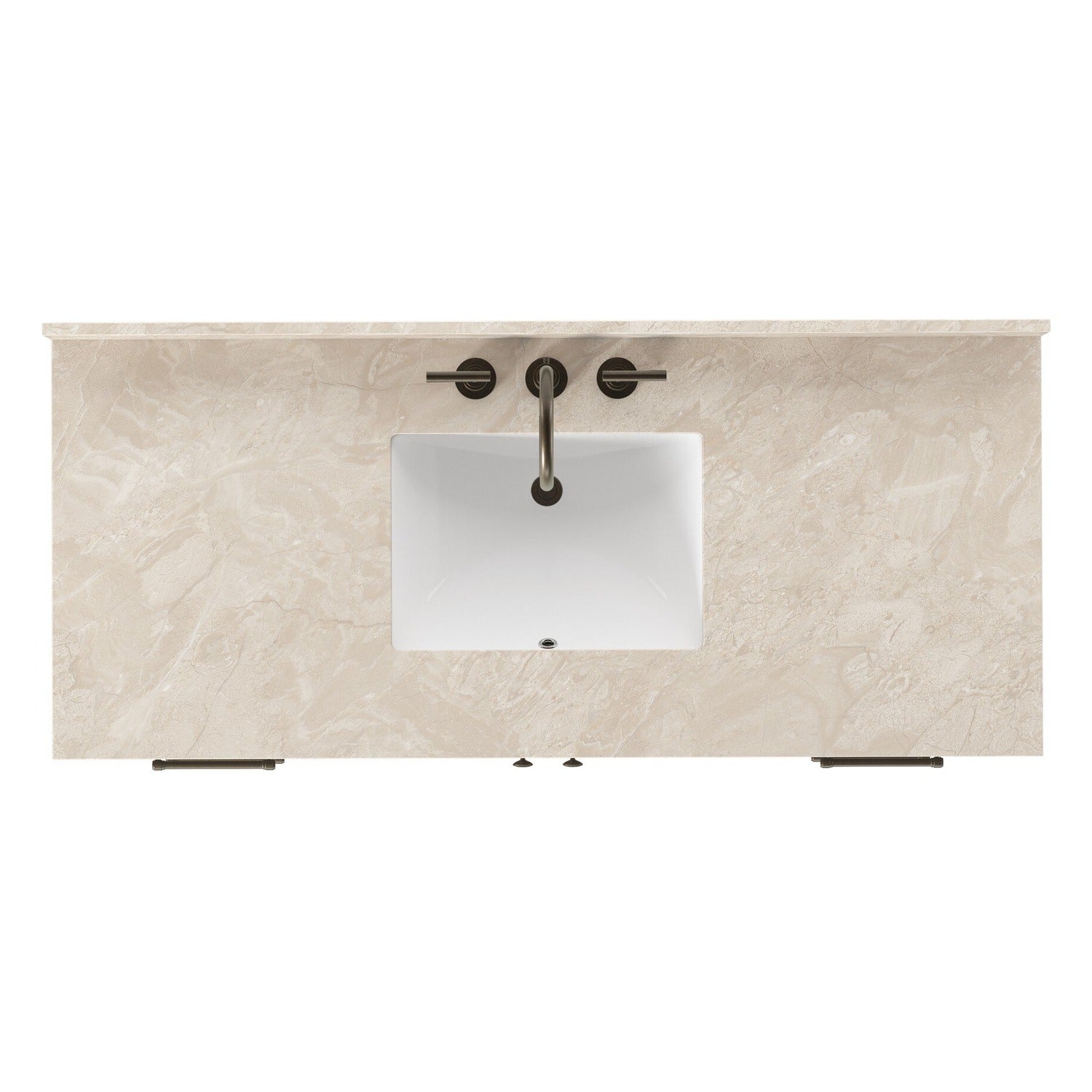 Four Hands Anthem Single Wide Vanity in satin light wash oak with Carrara marble top, top-down view of sink and marble