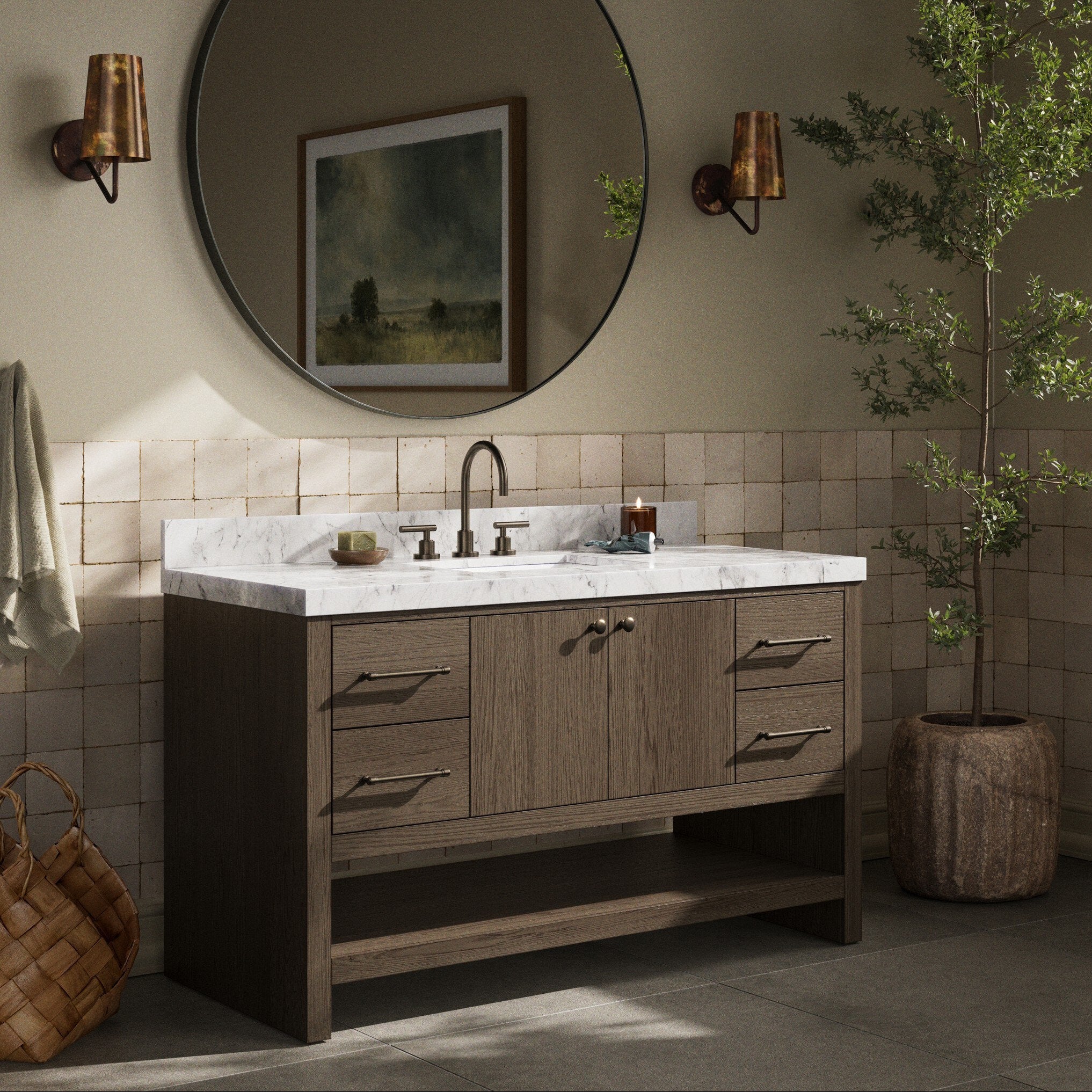 Four Hands Anthem Satin Espresso Oak Single Wide Vanity - styled room setting