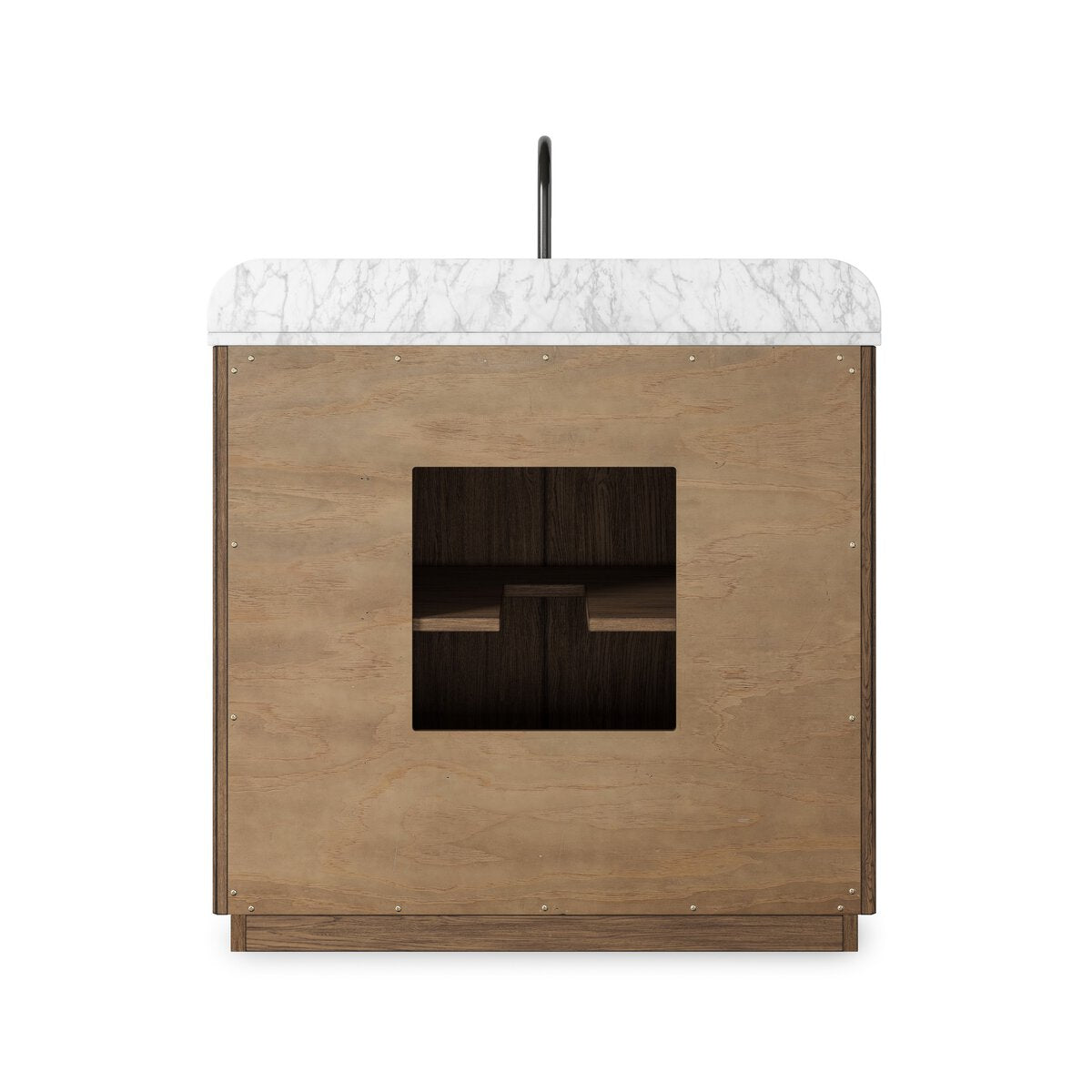 Four Hands Malden Single Vanity in satin espresso oak with Carrara marble top, back view