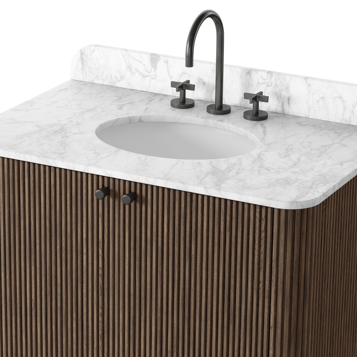 Four Hands Malden Single Vanity in satin espresso oak with Carrara marble top, close-up detail of reeded oak, view 2