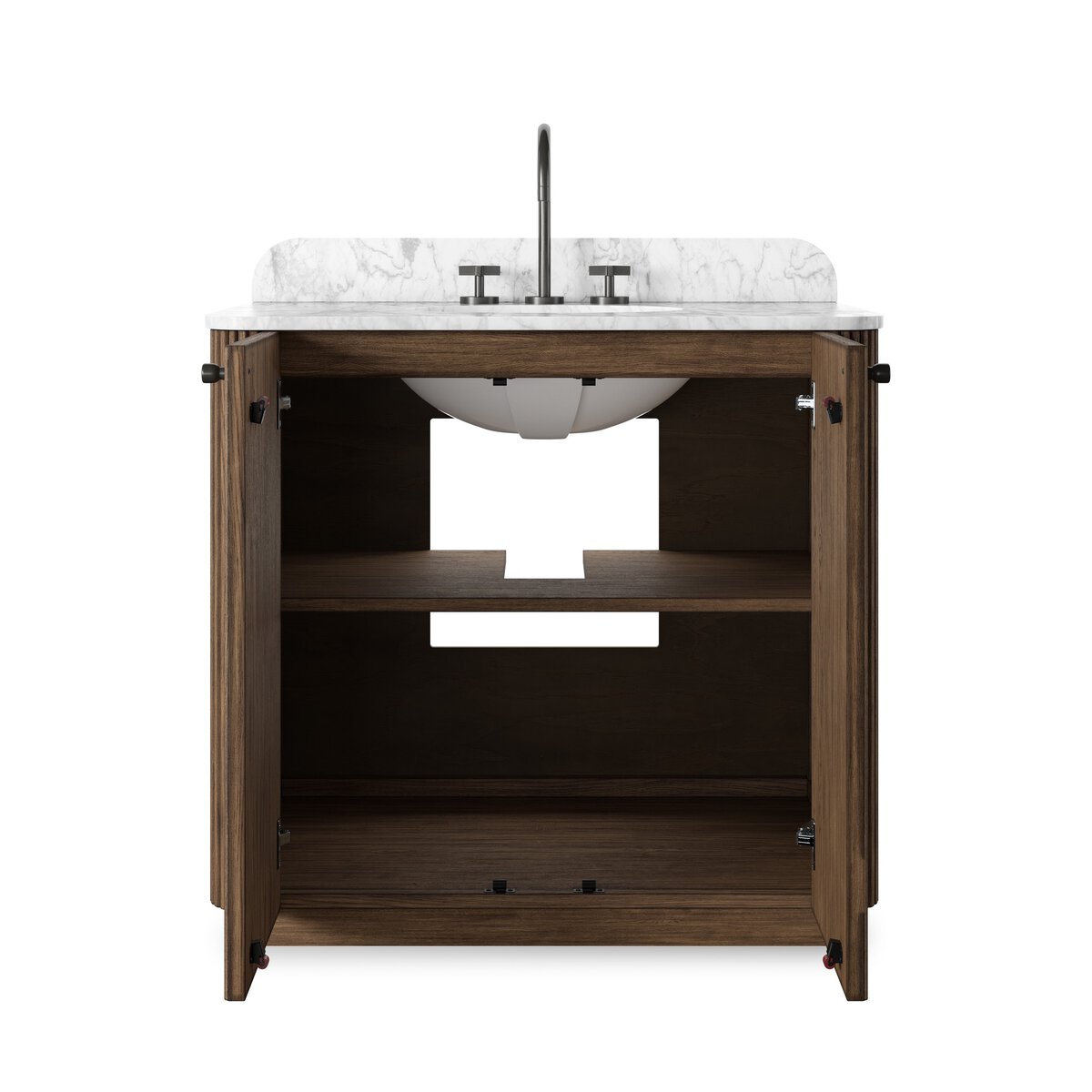 Four Hands Malden Single Vanity in satin espresso oak with Carrara marble top, close-up detail of reeded oak, view 1