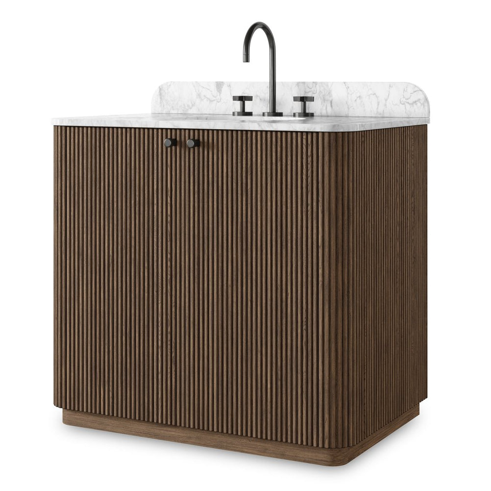 Four Hands Malden Single Vanity in satin espresso oak with Carrara marble top, primary product view