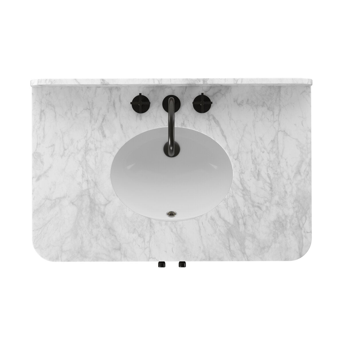 Four Hands Malden Single Vanity in satin espresso oak with Carrara marble top, top surface showing marble