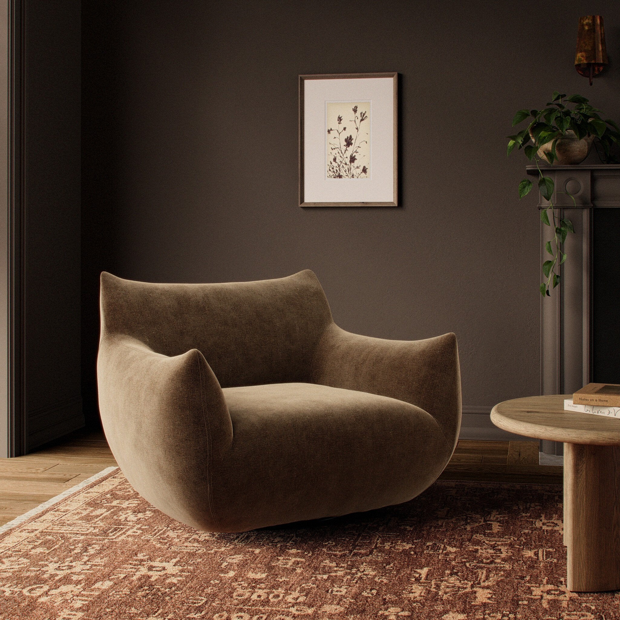 Four Hands Margot Altair Mushroom Swivel Chair styled in a room setting
