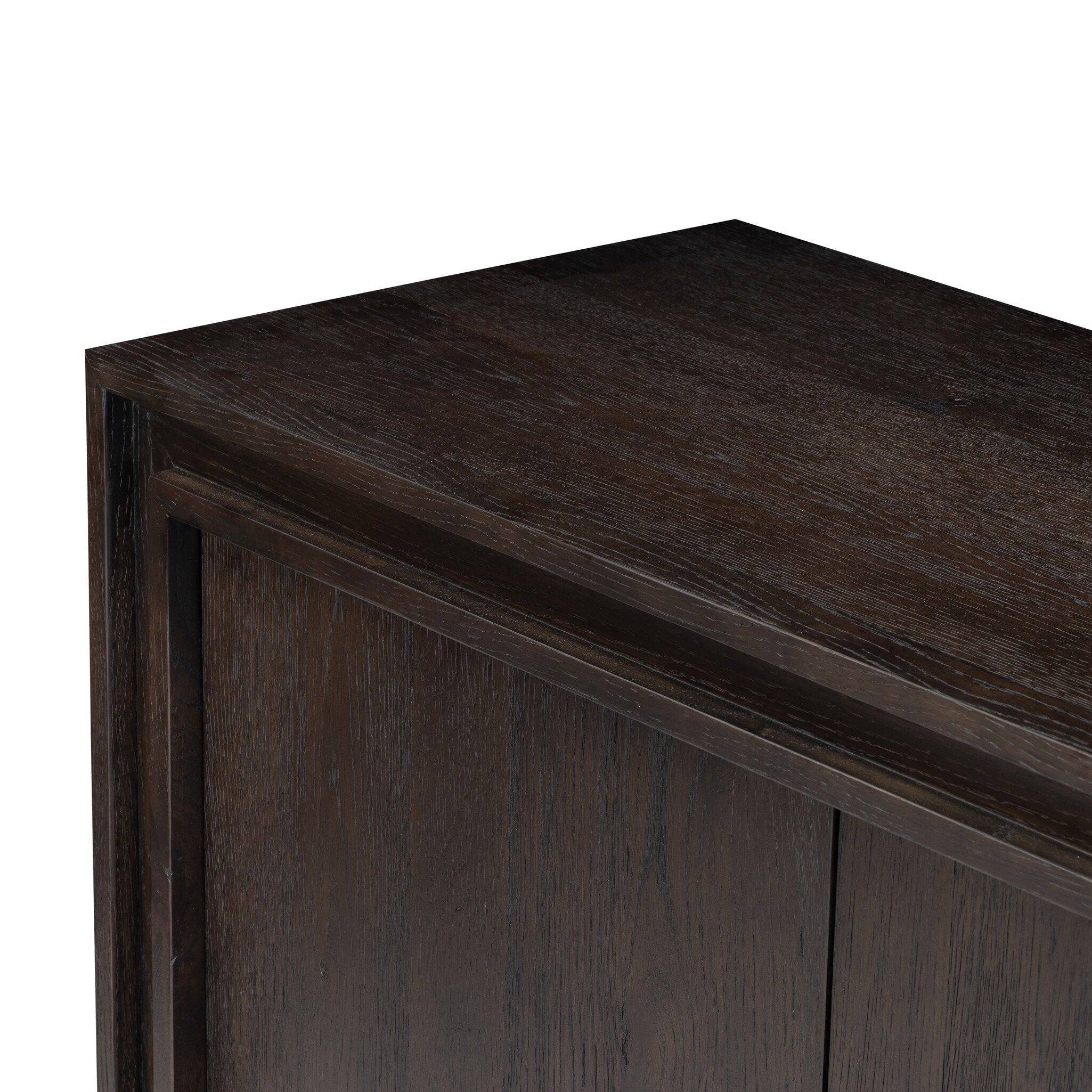 Four Hands Chalmers Smoked Black Resawn Oak Media Console close-up detail