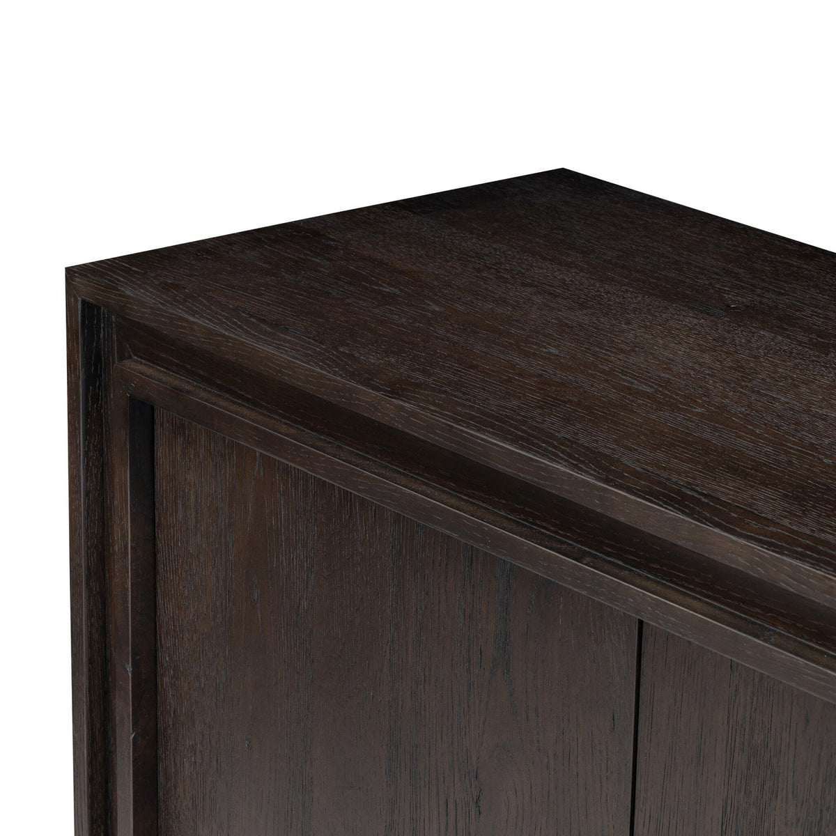 Four Hands Chalmers Smoked Black Resawn Oak Media Console close-up detail