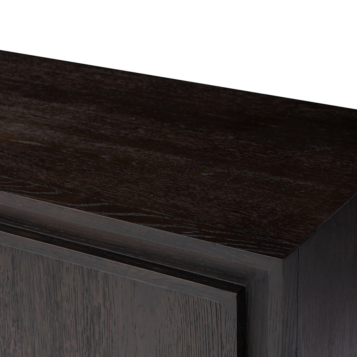 Four Hands Chalmers Smoked Black Resawn Oak Media Console finish close-up
