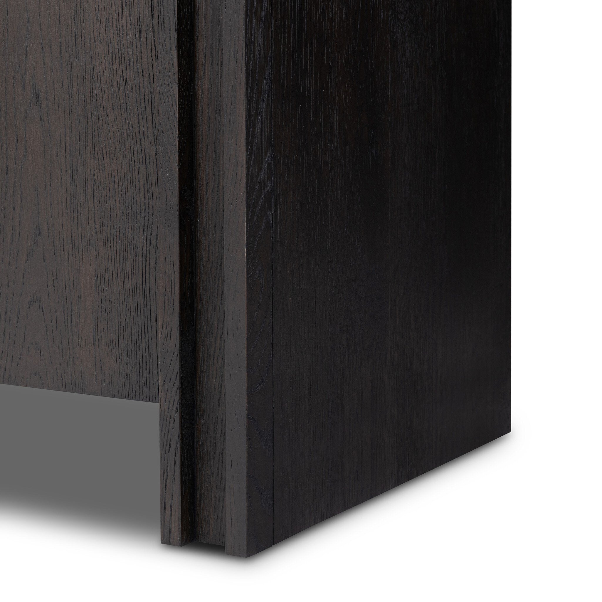 Four Hands Chalmers Smoked Black Resawn Oak Media Console construction close-up