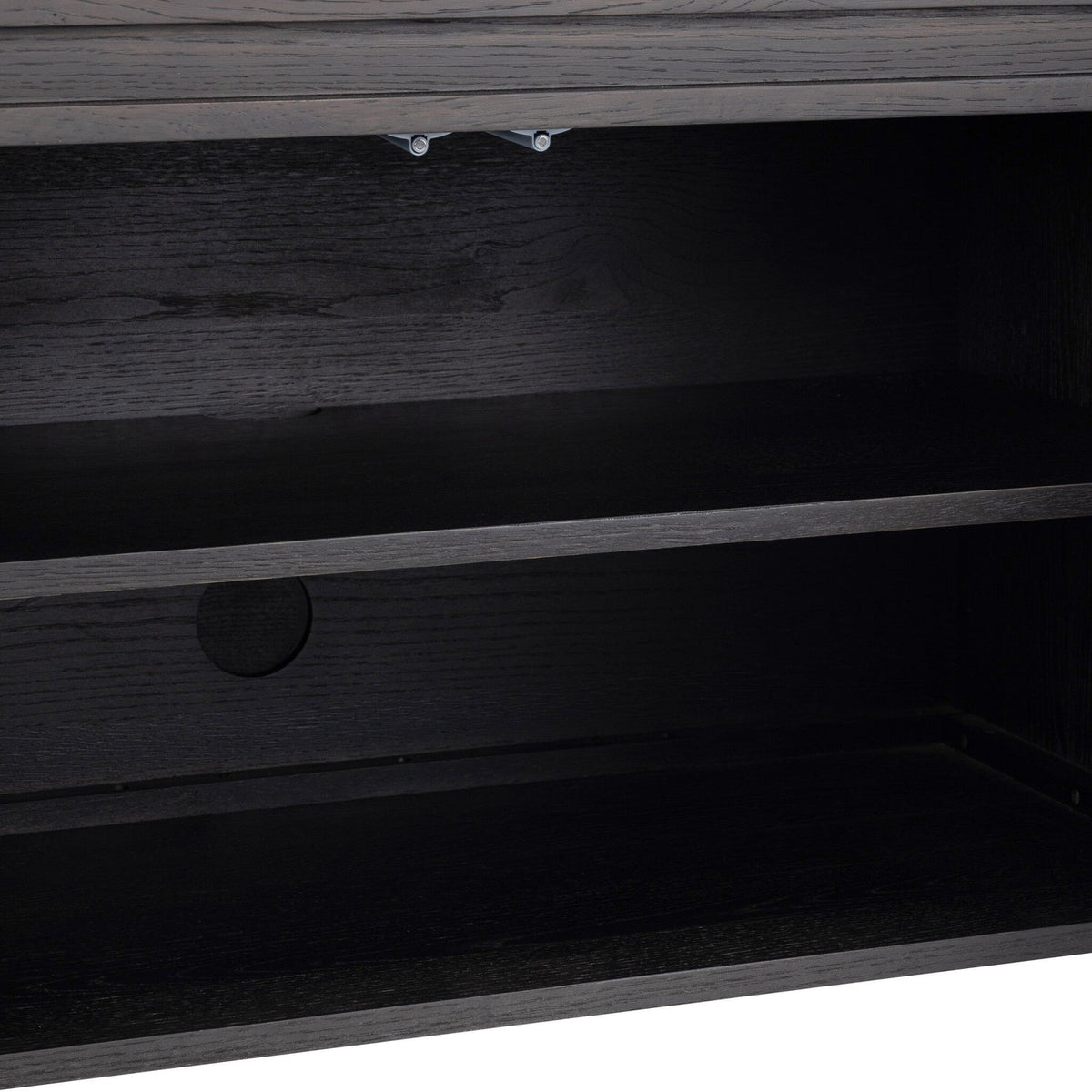 Four Hands Chalmers Smoked Black Resawn Oak Media Console craftsmanship close-up