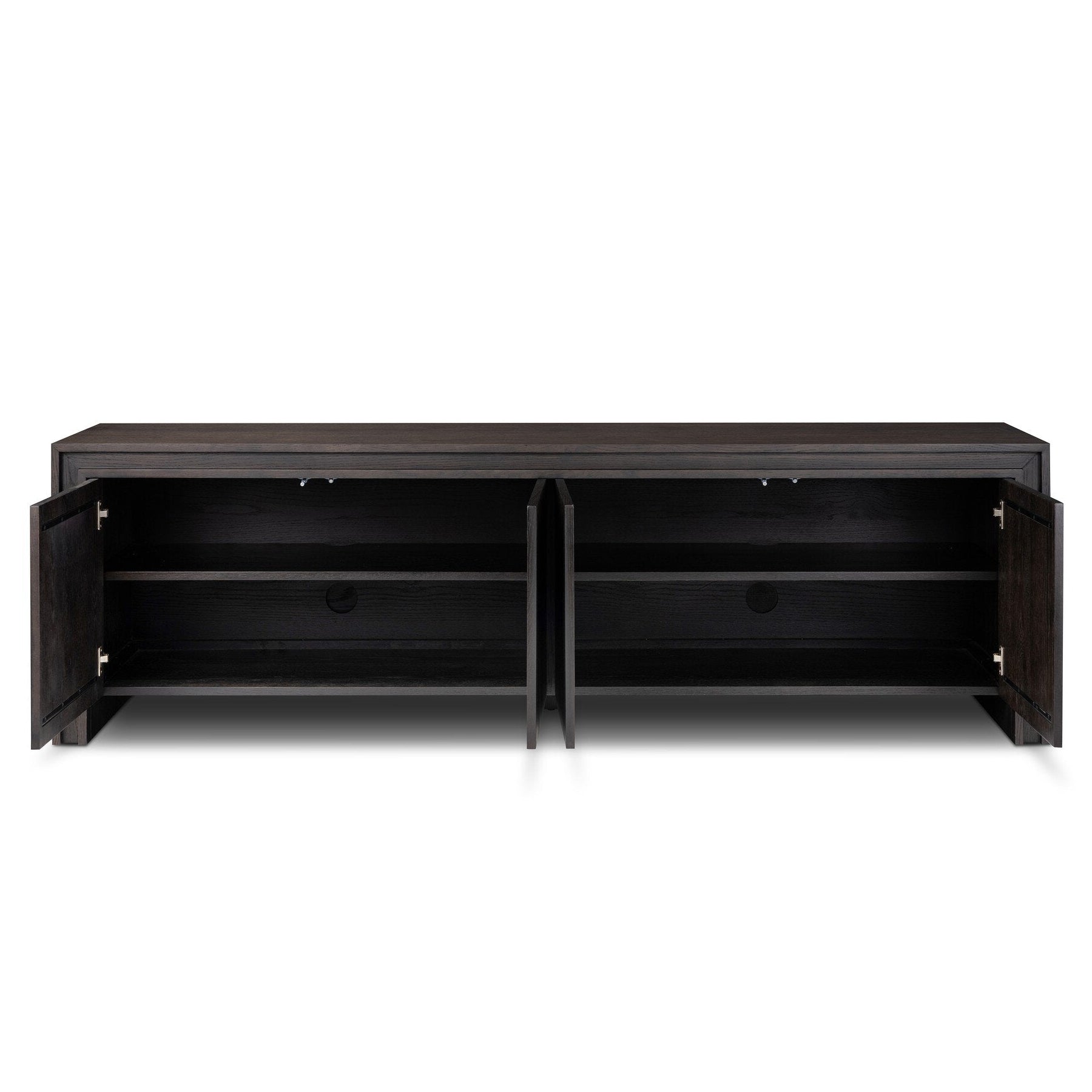 Four Hands Chalmers Smoked Black Resawn Oak Media Console shown open