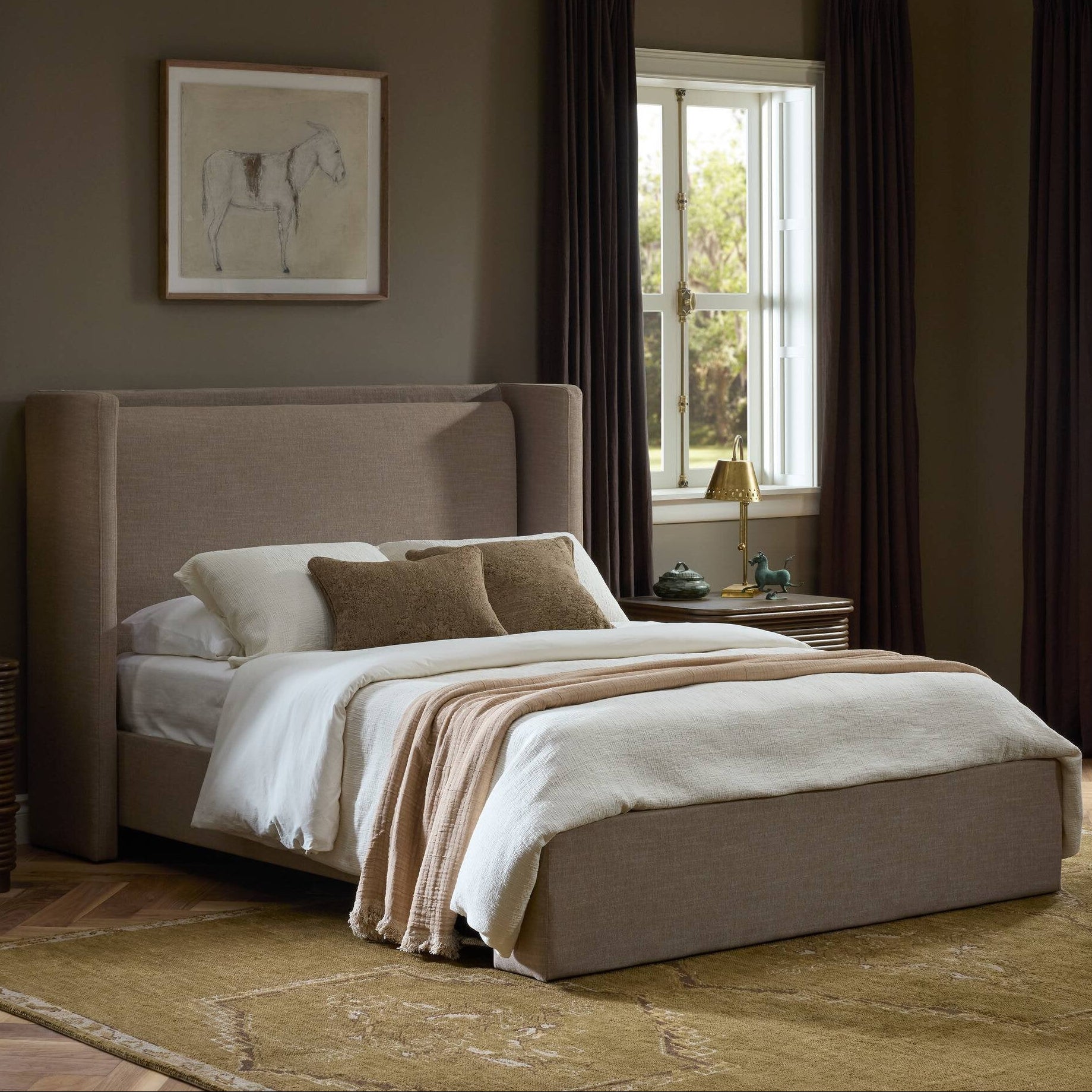 Four Hands Sophia Crypton Nomad Taupe Bed styled in a room setting