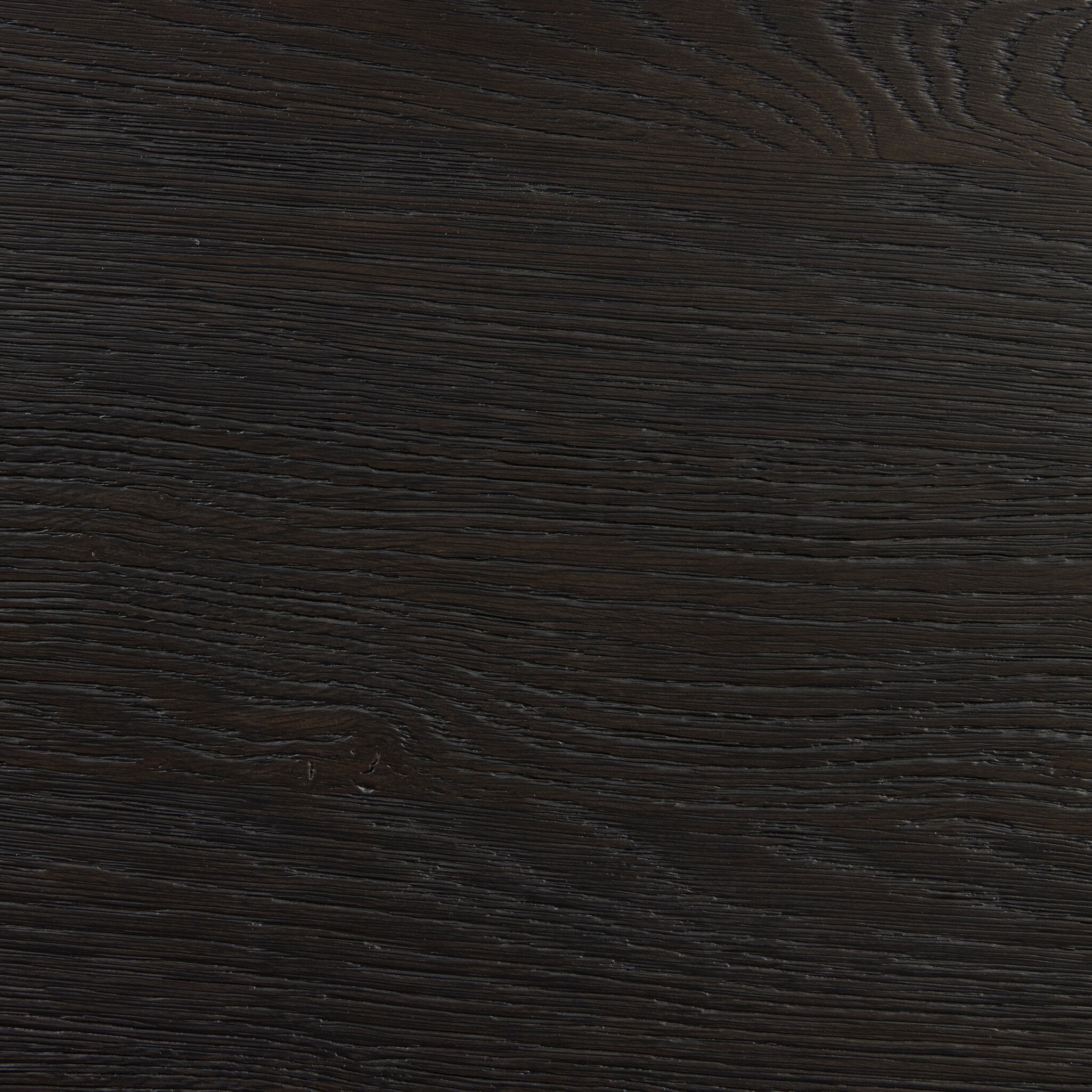 Four Hands Matei Console Table in smoked black solid oak with through-tenon joints, close-up detail of oak grain, view 2