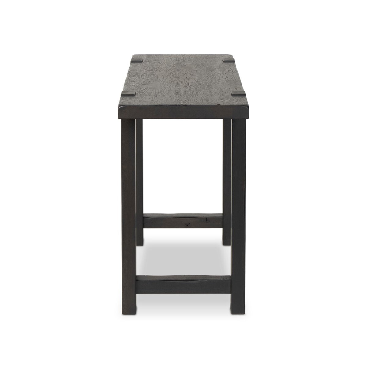 Four Hands Matei Console Table in smoked black solid oak with through-tenon joints, side profile view