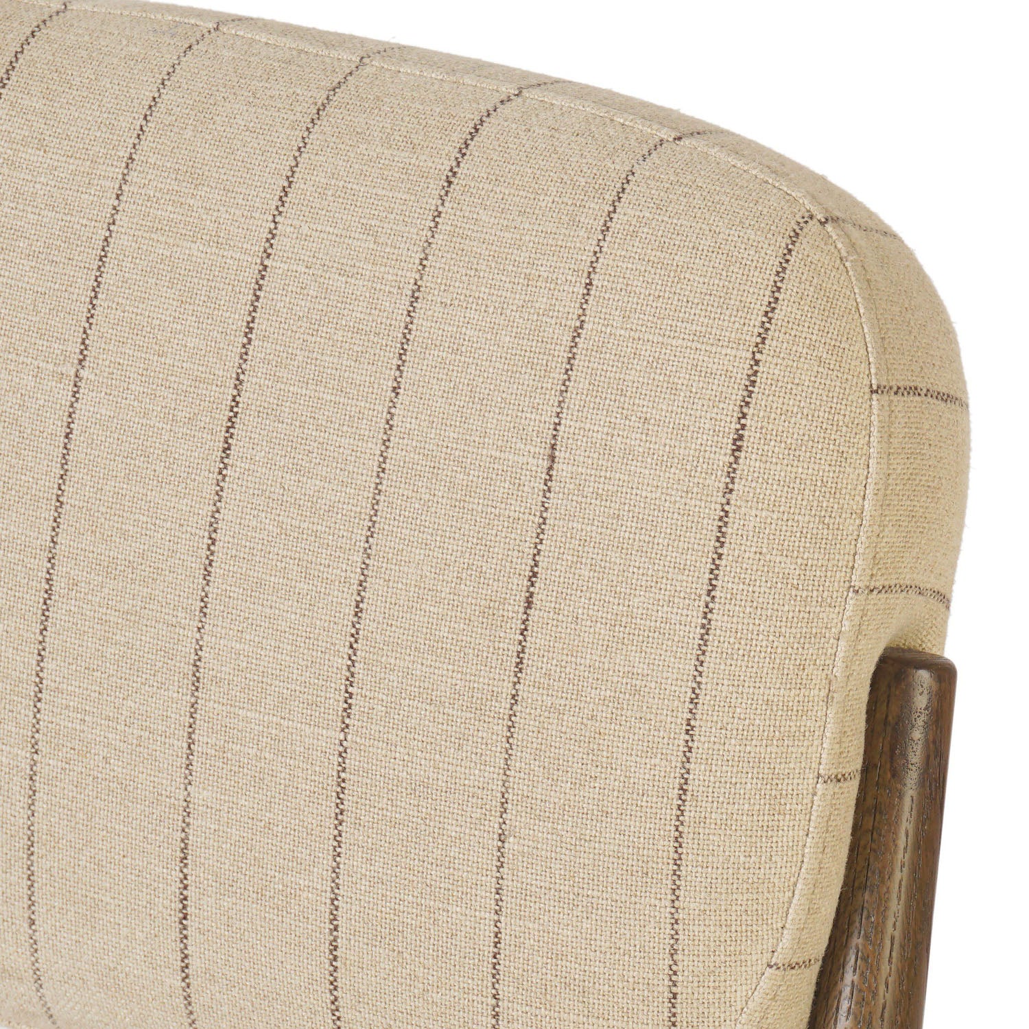 Four Hands Esther Lavon Flint Dining Chair Set of 2 on drifted oak, close-up detail of pinstripe linen, view 3