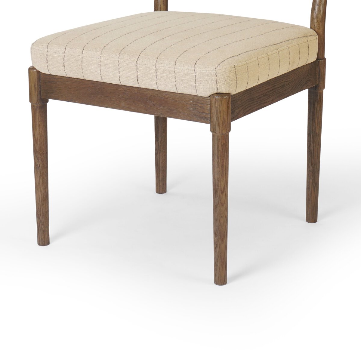 Four Hands Esther Lavon Flint Dining Chair Set of 2 on drifted oak, close-up detail of pinstripe linen, view 4