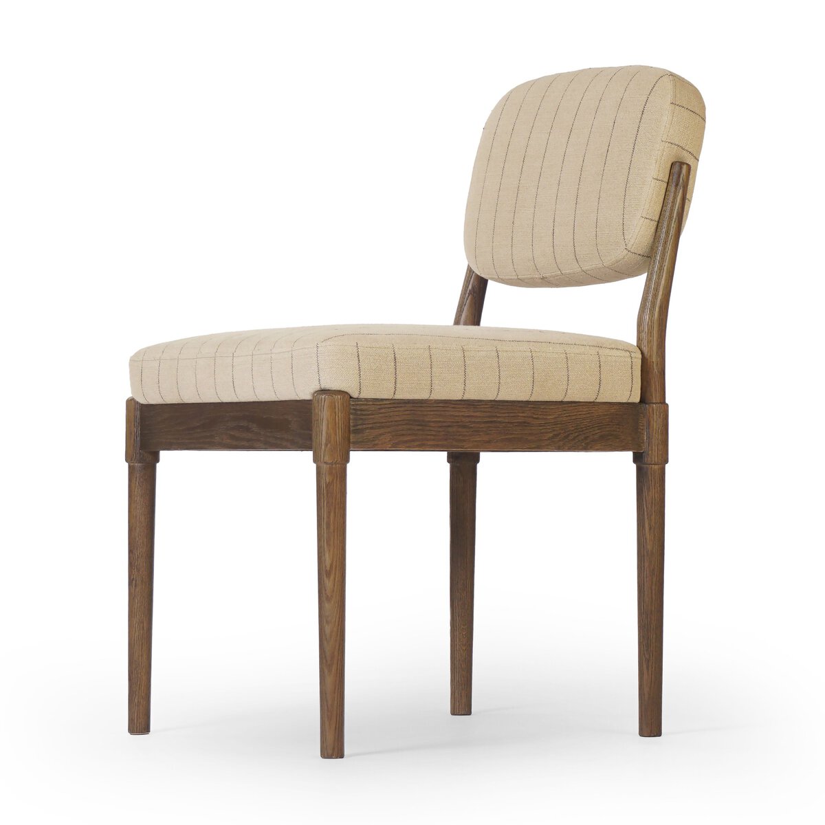 Four Hands Esther Lavon Flint Dining Chair Set of 2 on drifted oak, close-up detail of pinstripe linen, view 2