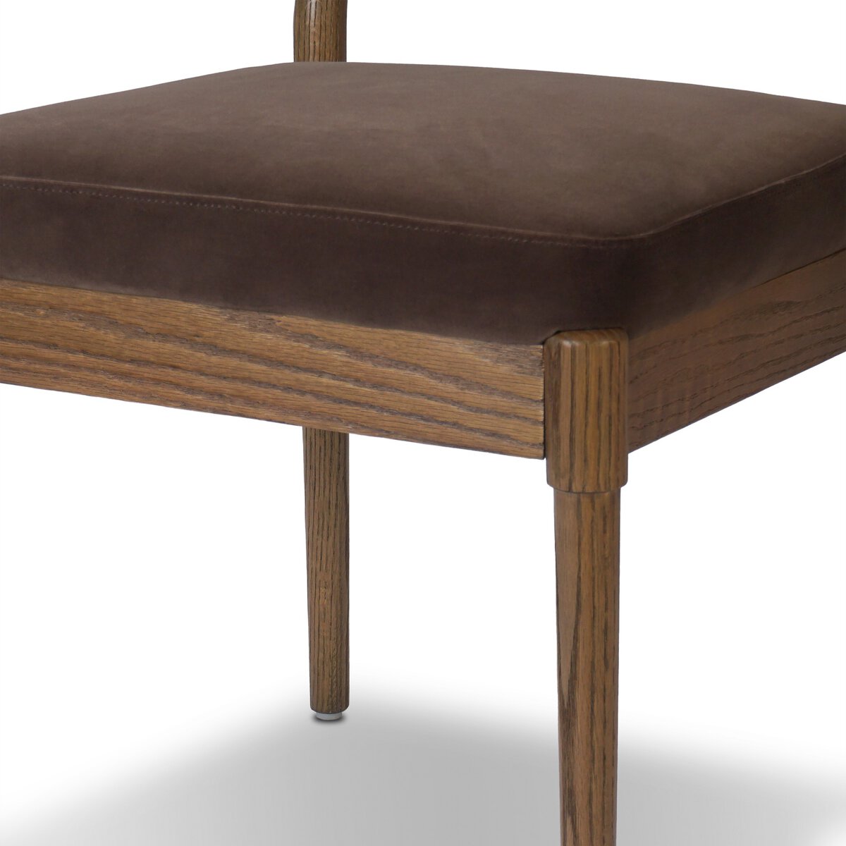 Four Hands Esther Surrey Mink Dining Chair Set of 2 on warm oak, close-up detail of velvet seat, view 2
