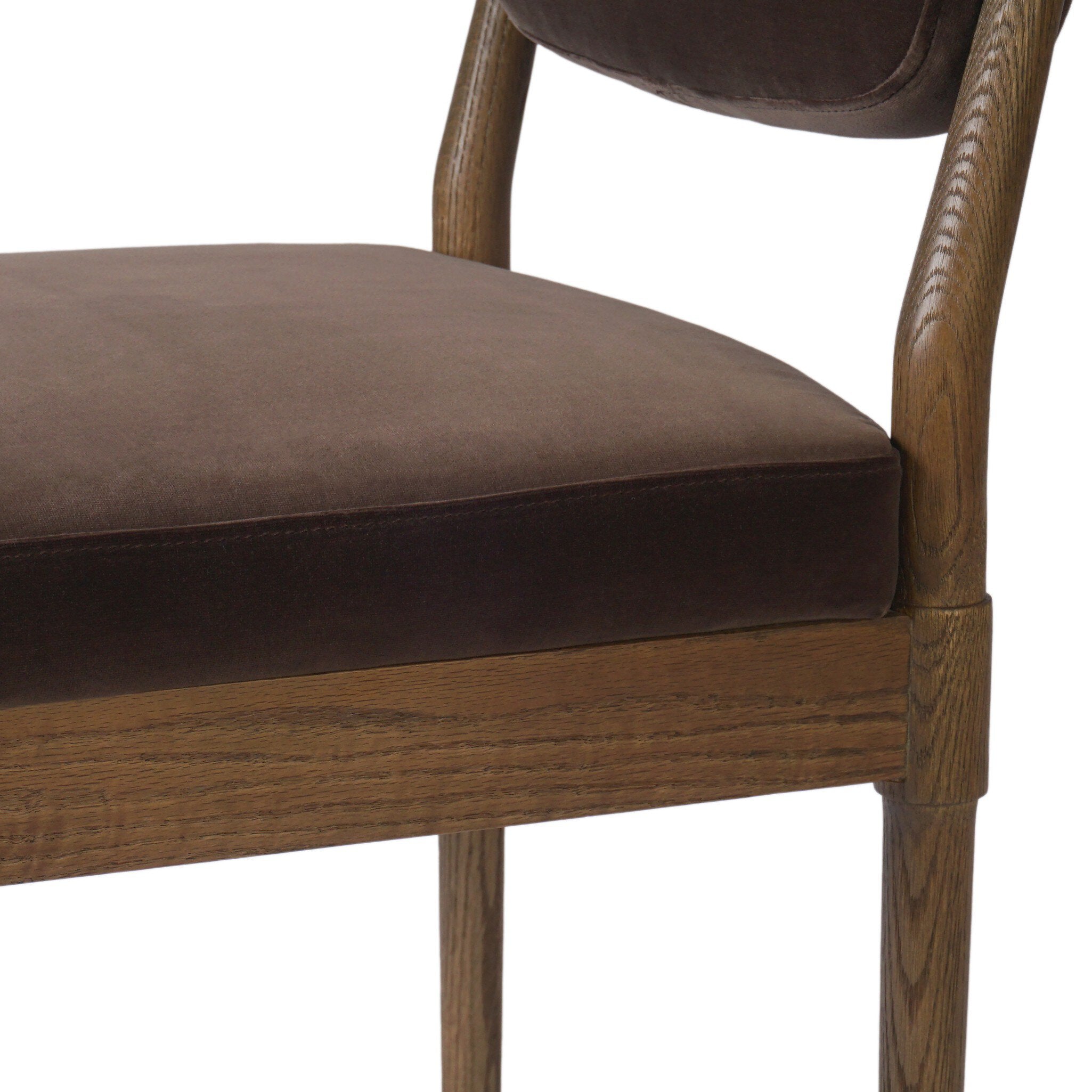 Four Hands Esther Surrey Mink Dining Chair Set of 2 on warm oak, close-up detail of velvet seat, view 3