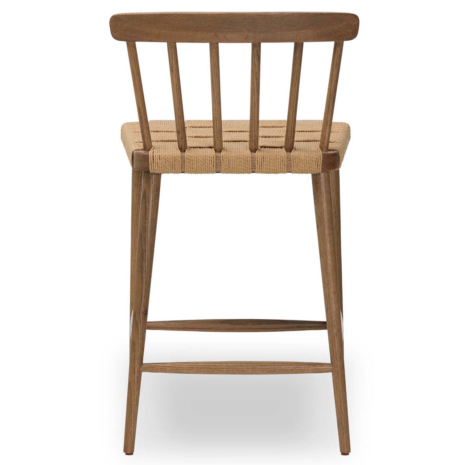 Four Hands Kershaw Counter Stool in smoked oak with rush woven seat, back view showing spindle detail