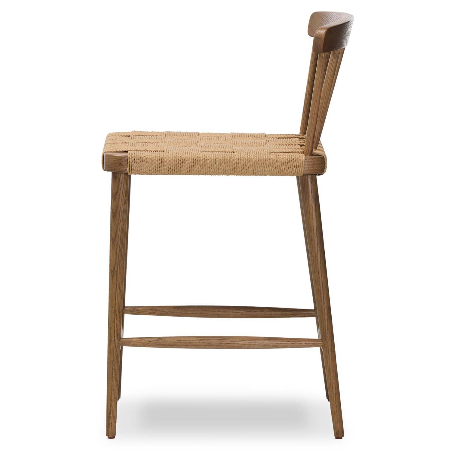 Four Hands Kershaw Counter Stool in smoked oak with rush woven seat, side profile view