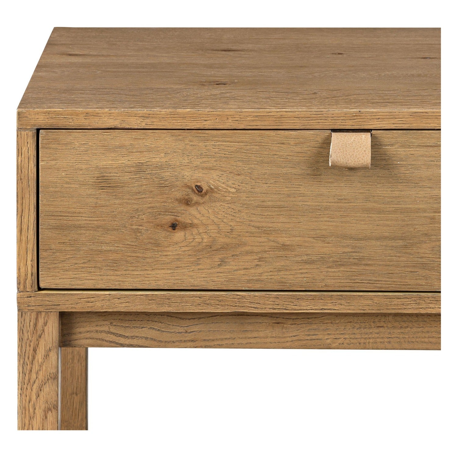 Four Hands Tula Worn Oak Nightstand Set of 2 with leather pull and open shelf, close-up detail of oak veneer, view 1