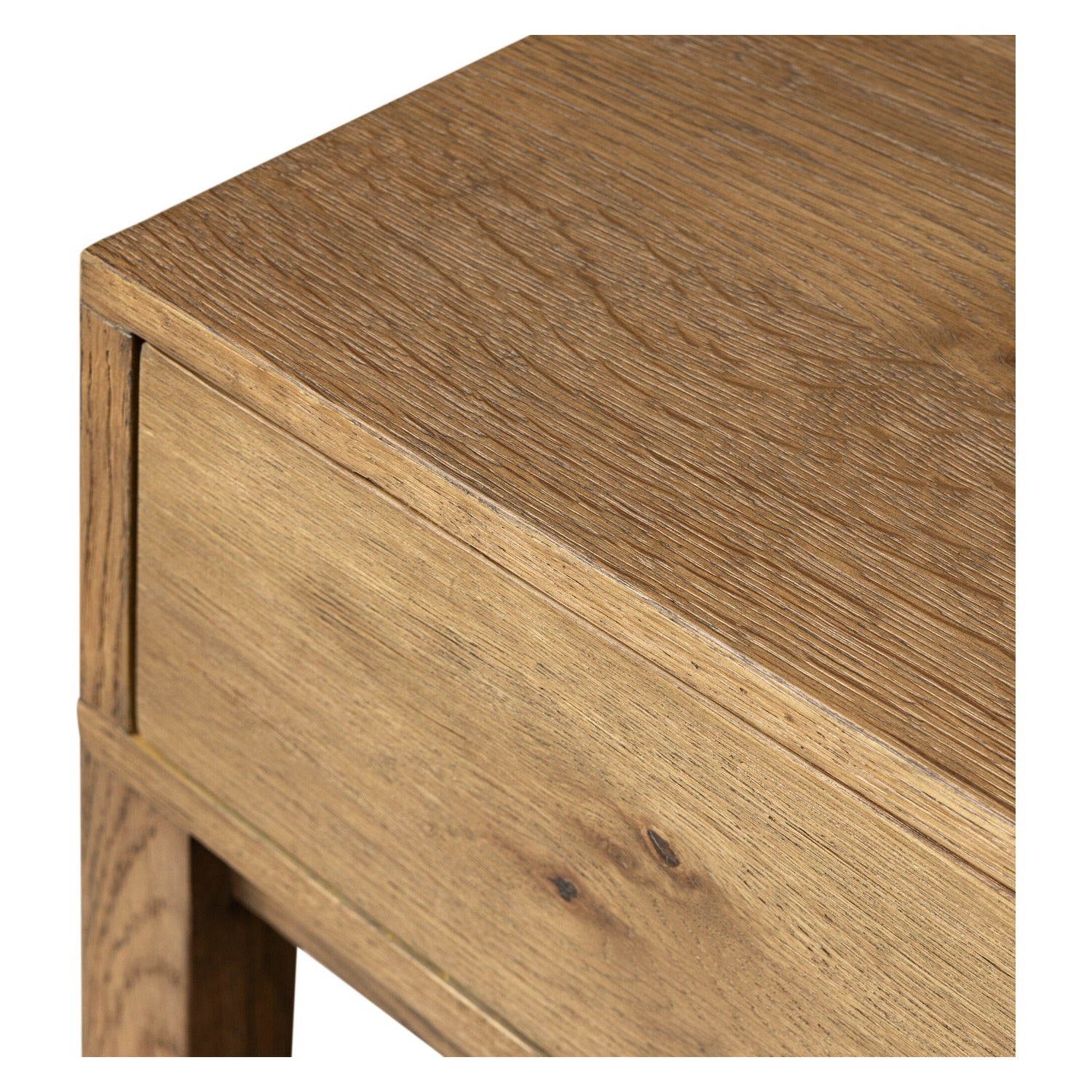 Four Hands Tula Worn Oak Nightstand Set of 2 with leather pull and open shelf, close-up detail of leather pull, view 1
