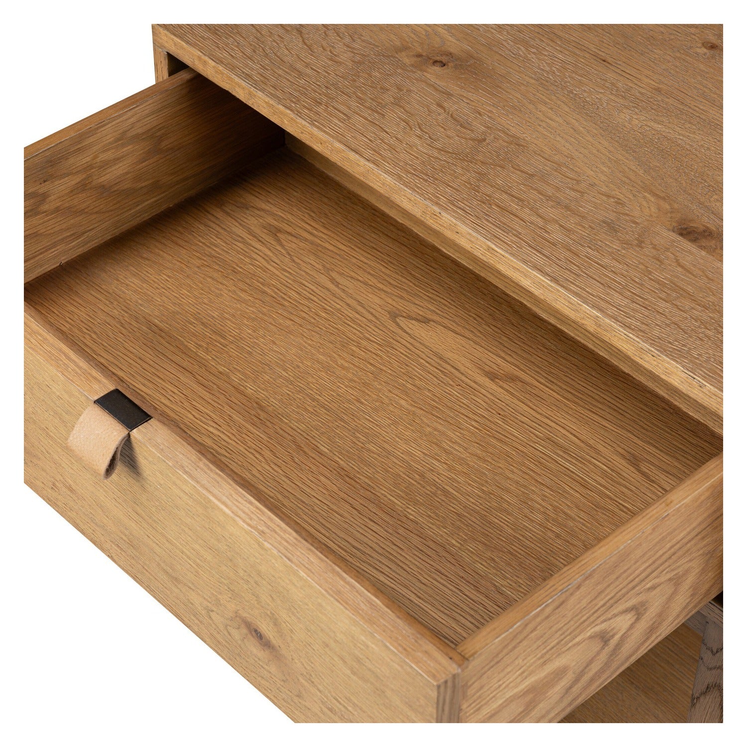 Four Hands Tula Worn Oak Nightstand Set of 2 with leather pull and open shelf, close-up detail of oak veneer, view 3