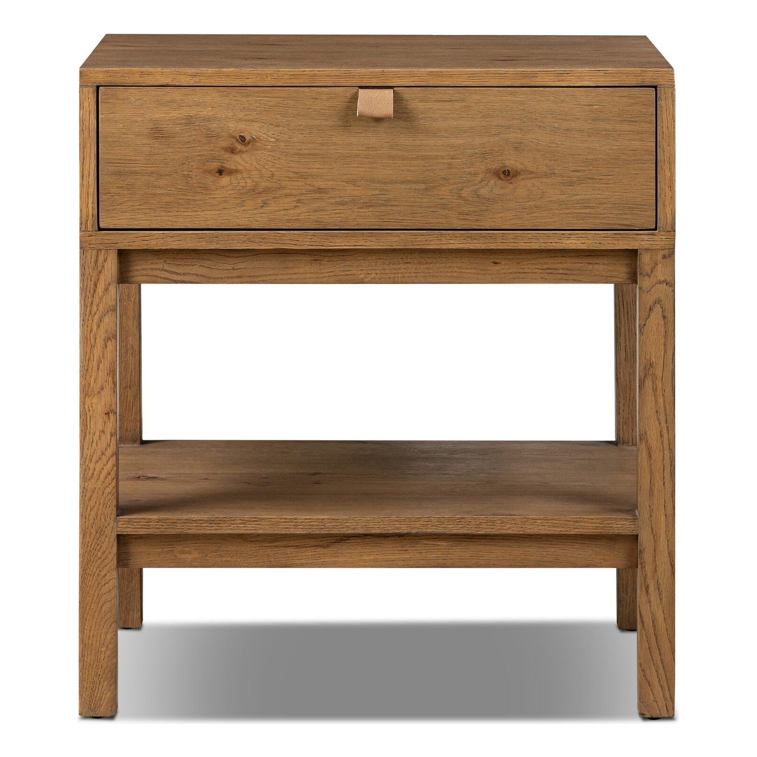 Four Hands Tula Worn Oak Nightstand Set of 2 with leather pull and open shelf, front view