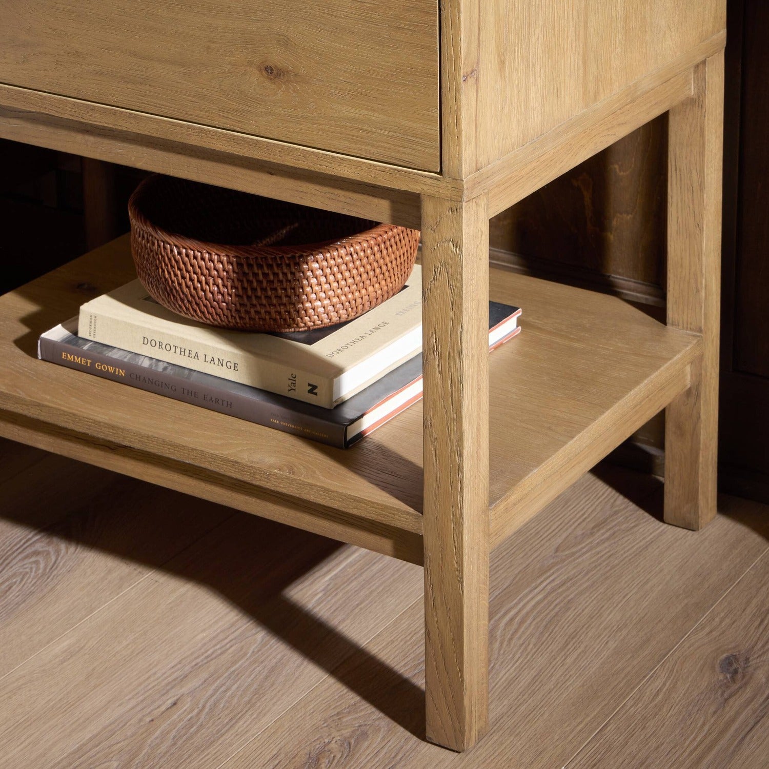 Four Hands Tula Worn Oak Nightstand Set of 2 with leather pull and open shelf, alternate styled view