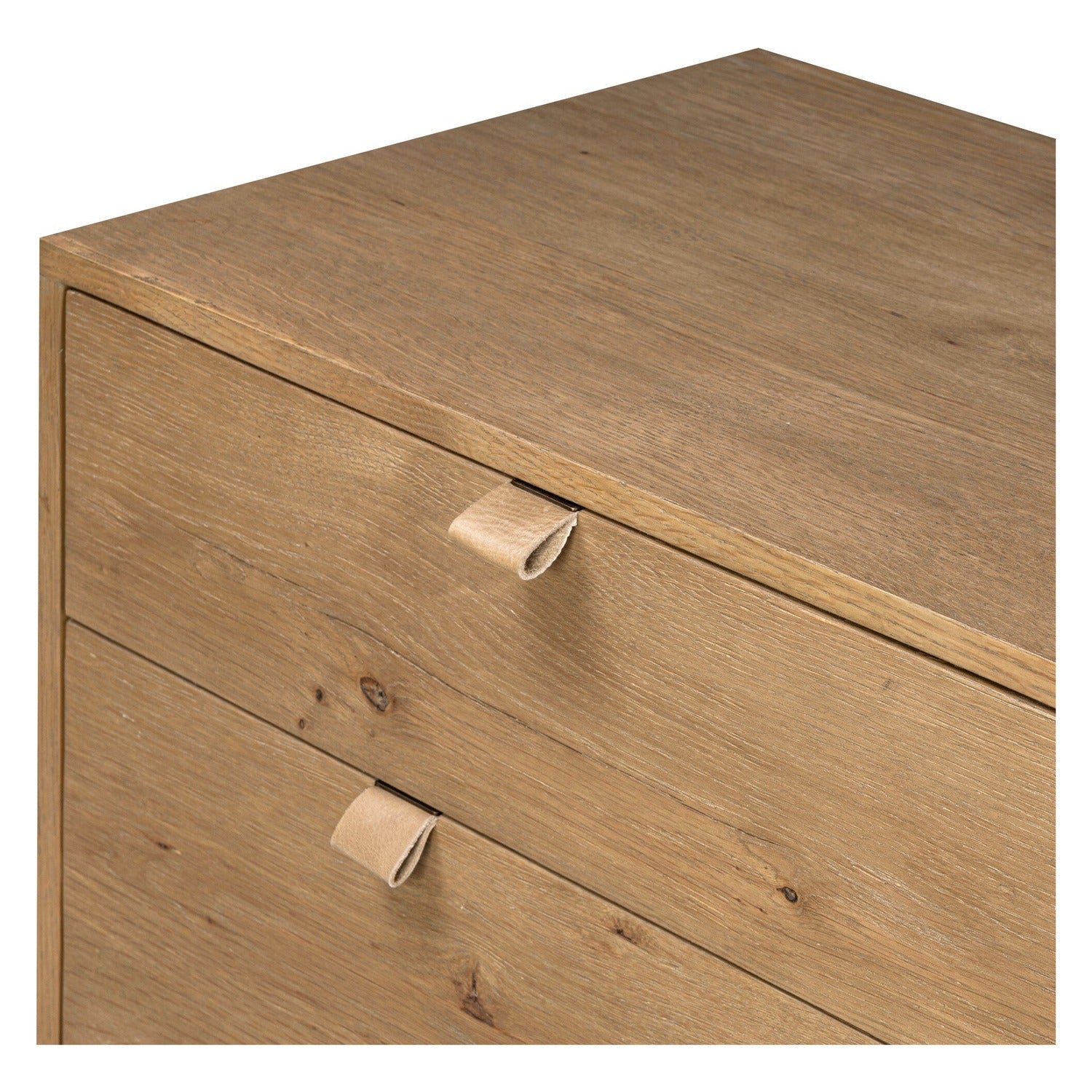 Four Hands Tula Worn Oak 7 Drawer Dresser with leather pulls, close-up detail of leather pull, view 1