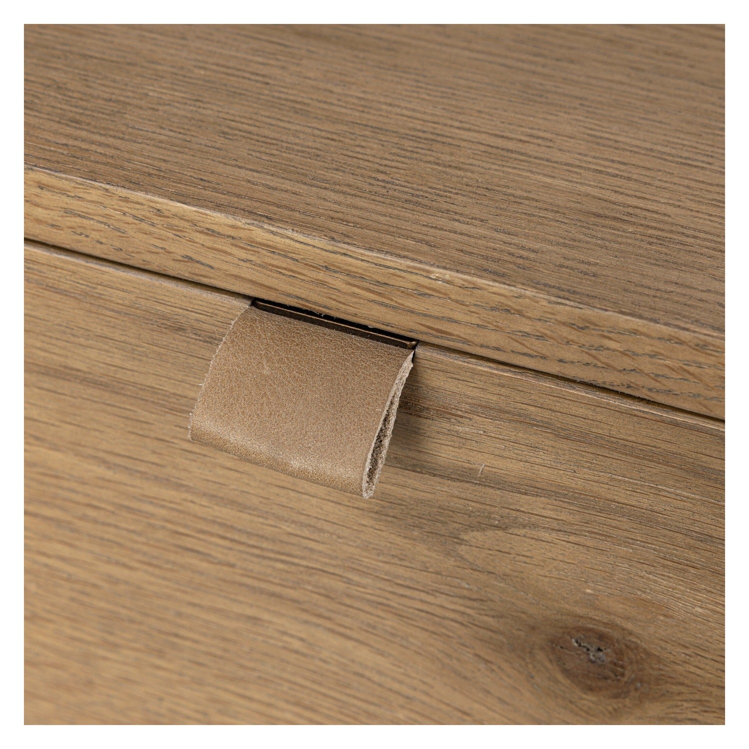 Four Hands Tula Worn Oak 7 Drawer Dresser with leather pulls, close-up detail of oak veneer, view 3