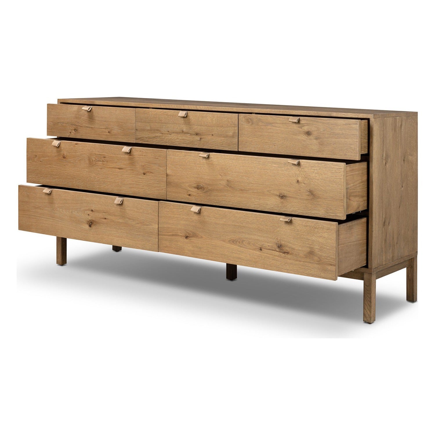 Four Hands Tula Worn Oak 7 Drawer Dresser with leather pulls, drawer open view