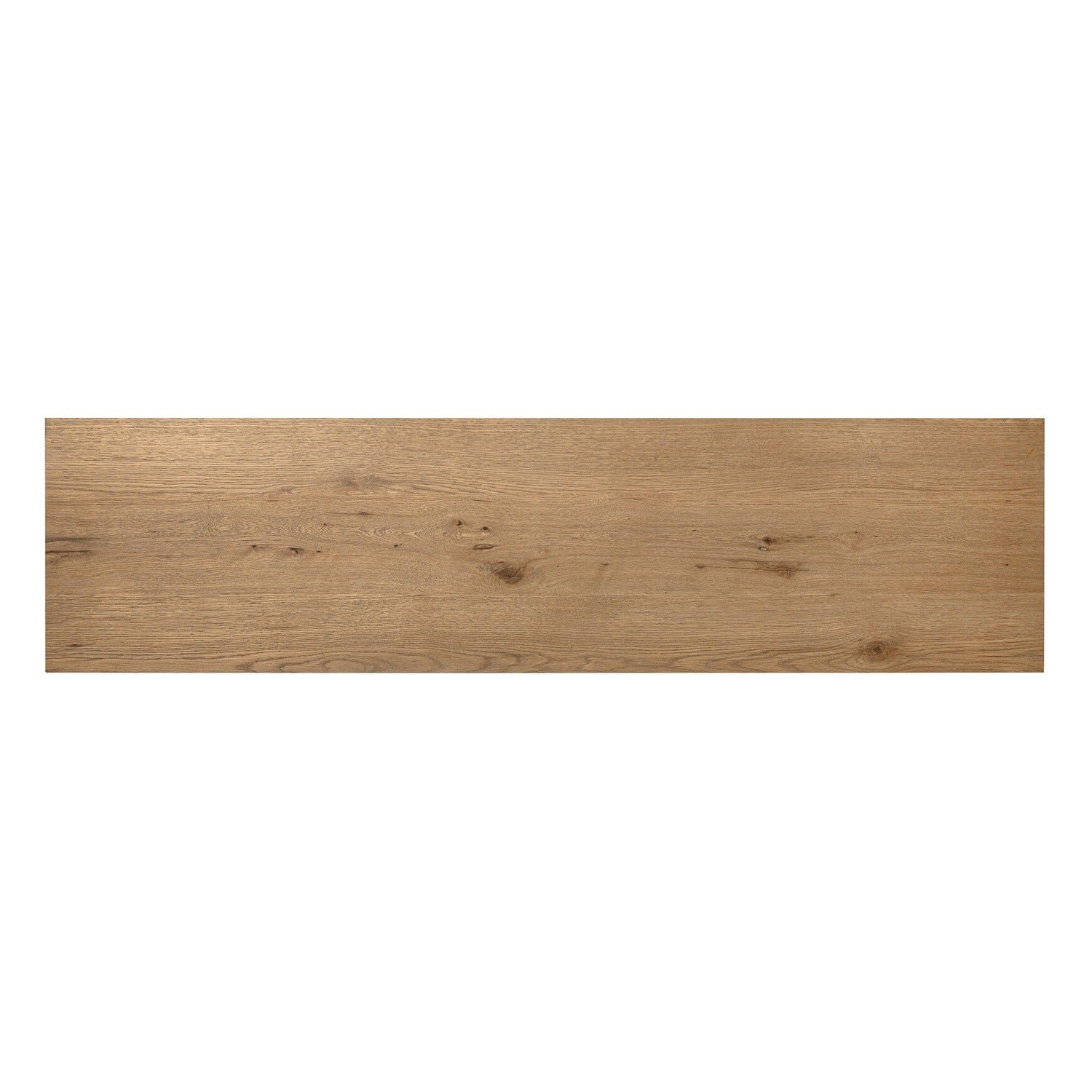 Four Hands Tula Worn Oak 7 Drawer Dresser with leather pulls, top surface view showing worn oak grain