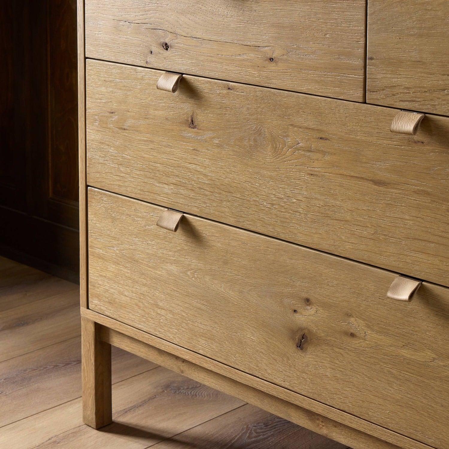 Four Hands Tula Worn Oak 7 Drawer Dresser with leather pulls, alternate styled view