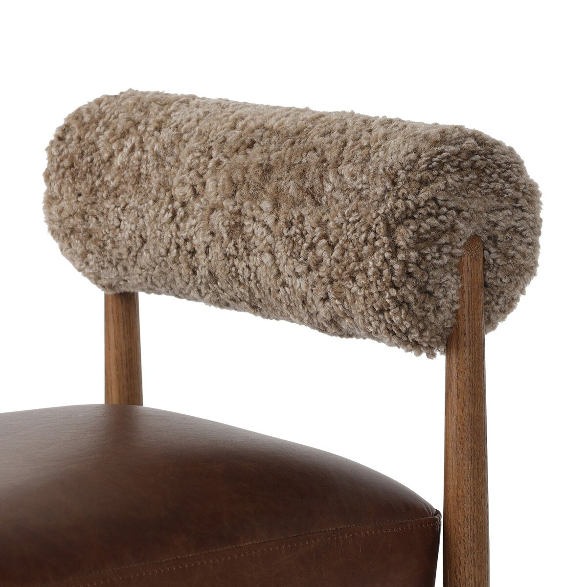 Four Hands Jazelle Havana Brown Bar Stool with leather and shearling, close-up detail of leather, view 1