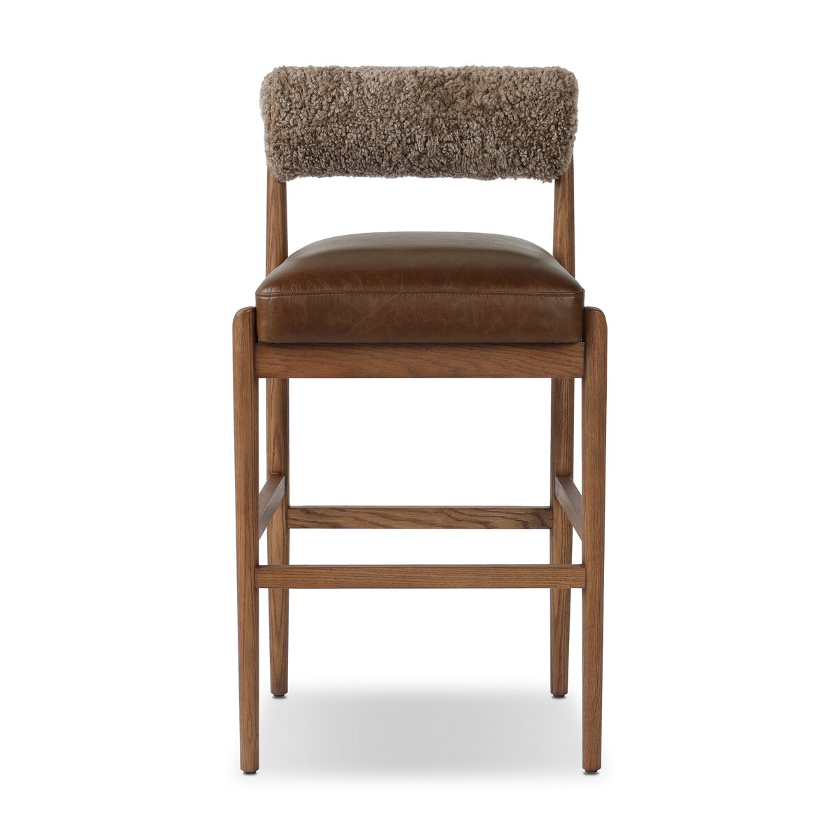 Four Hands Jazelle Havana Brown Bar Stool with leather and shearling, front view