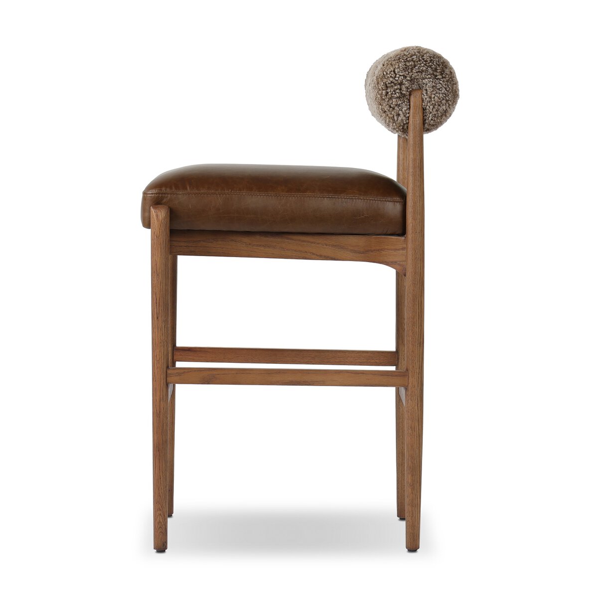 Four Hands Jazelle Havana Brown Bar Stool with leather and shearling, side profile view
