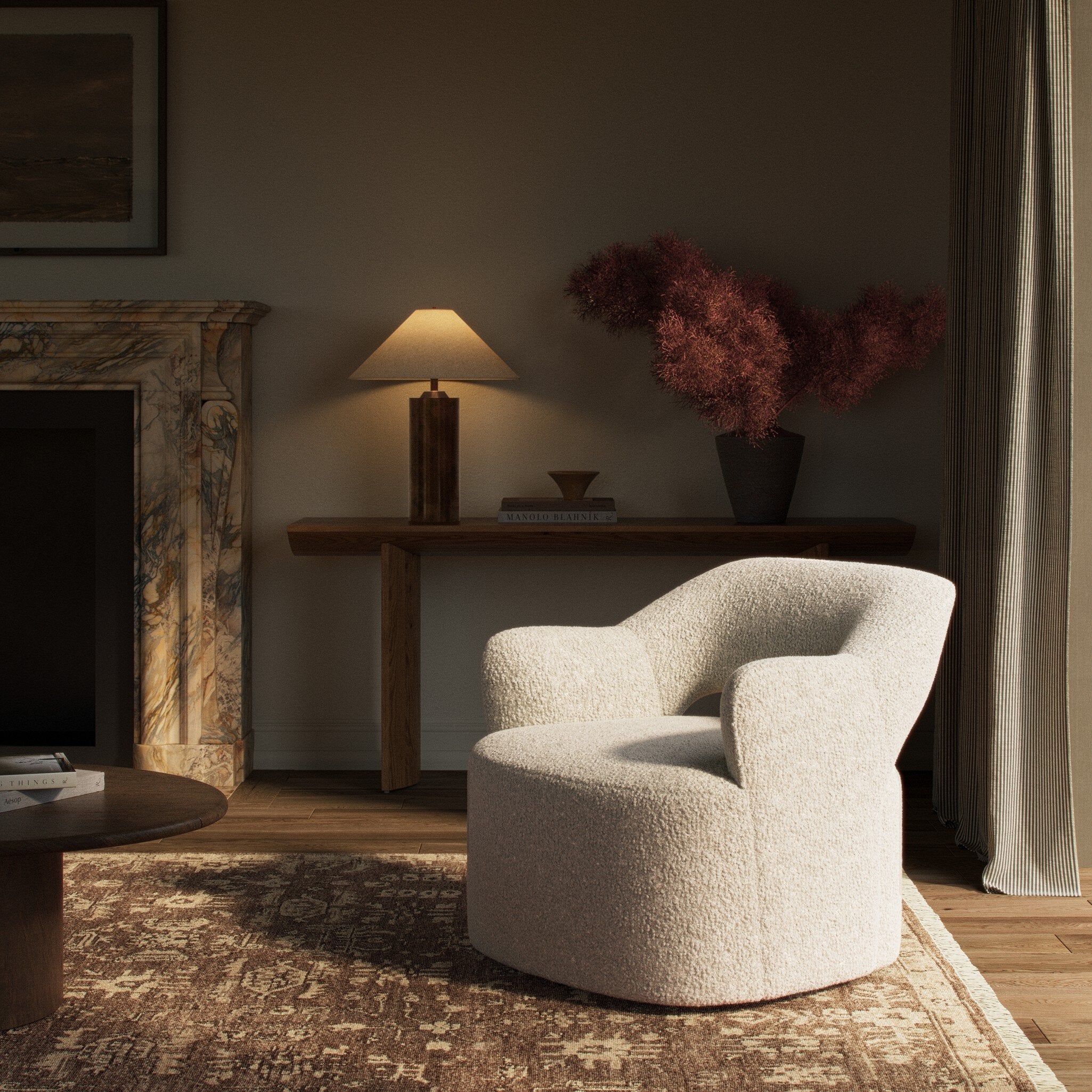Four Hands Blythe Sheepskin Natural Swivel Chair styled room setting 2
