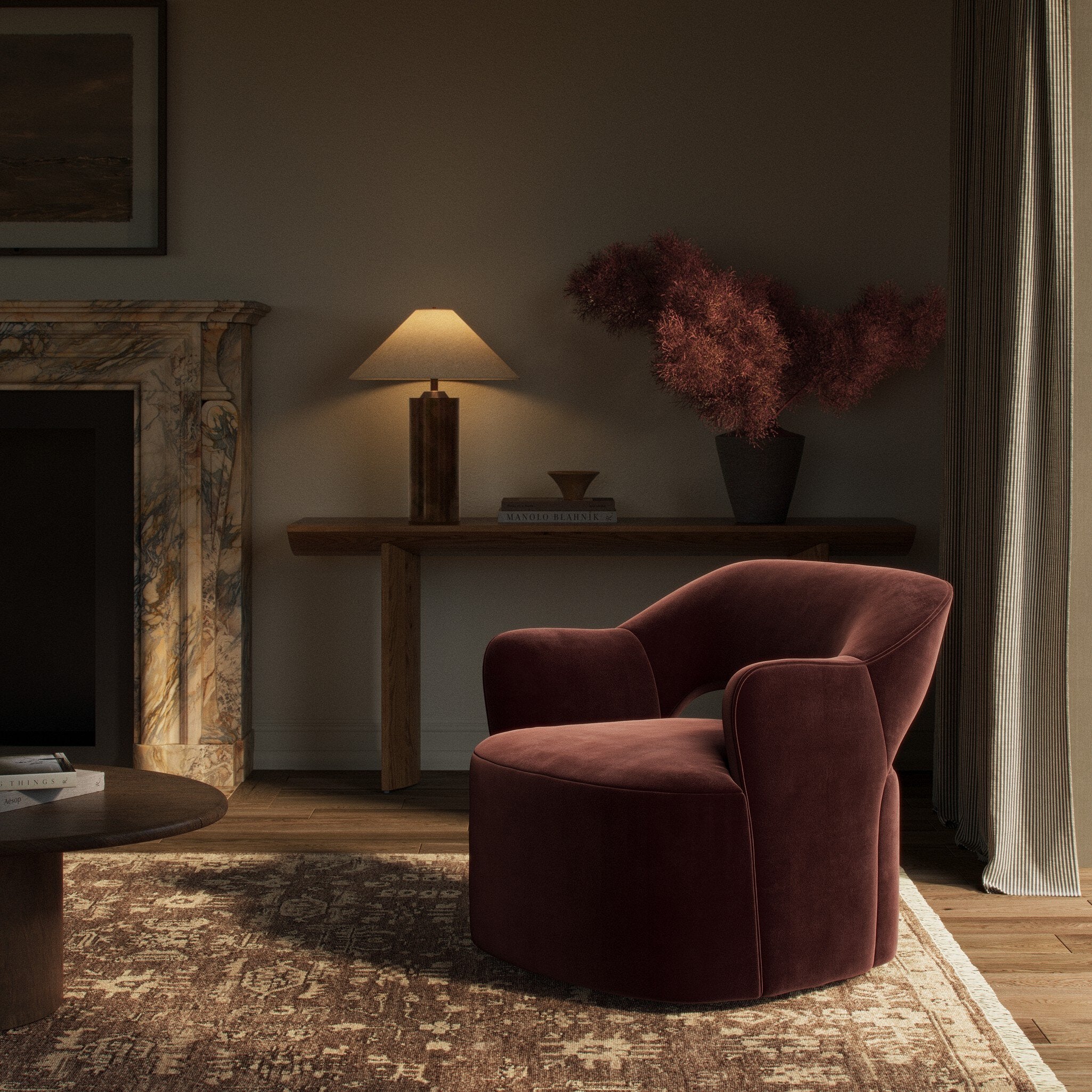 Four Hands Blythe Surrey Plum Swivel Chair styled room setting