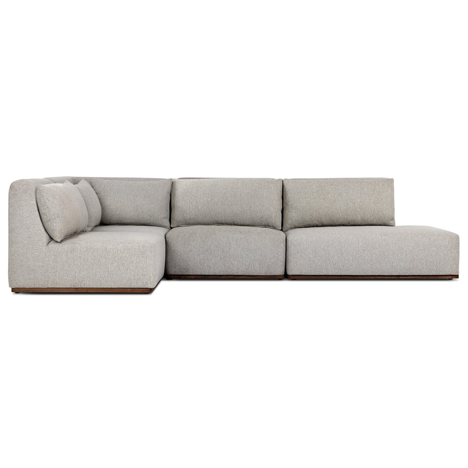 Four Hands Adler Outdoor 4 Piece Sectional in FSC teak with fog cushions, front view, left chaise