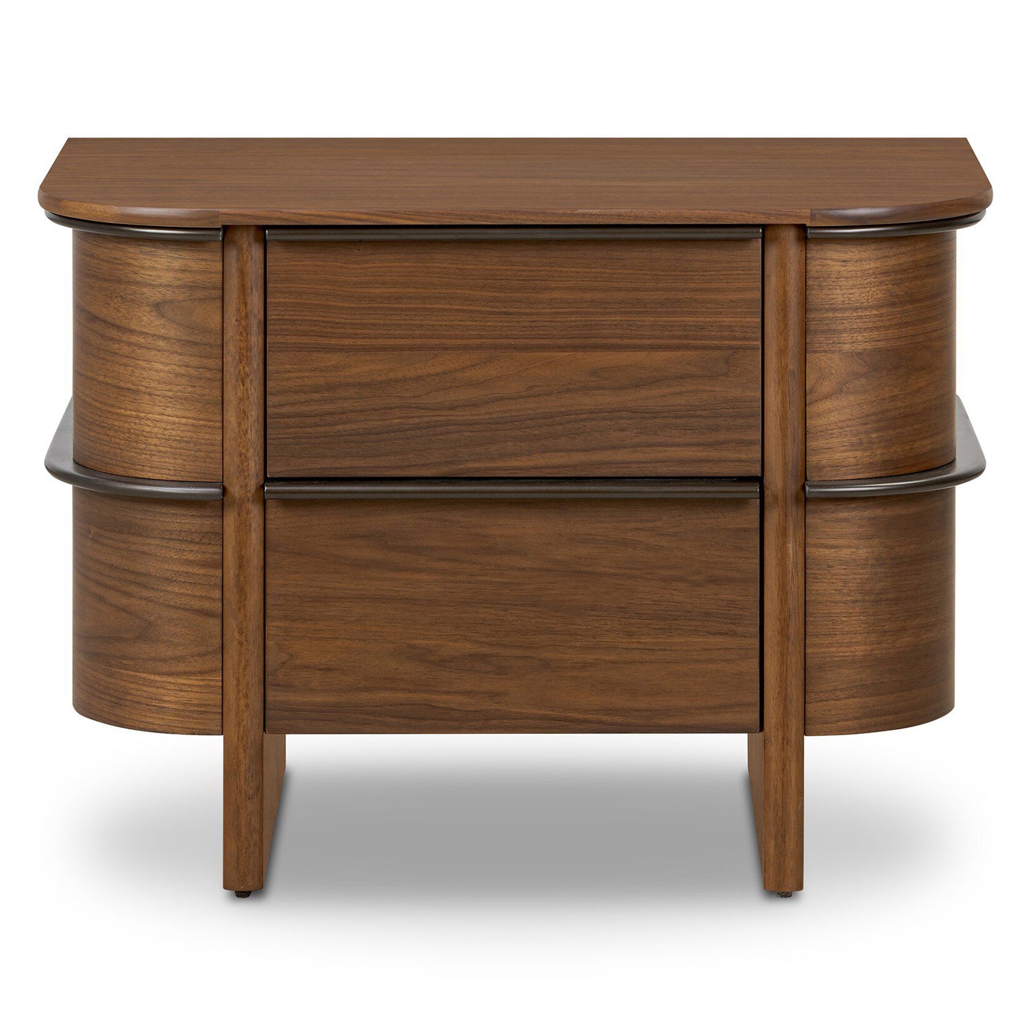 Four Hands Theo Nightstand in dark brown walnut with ski leg base, view 1