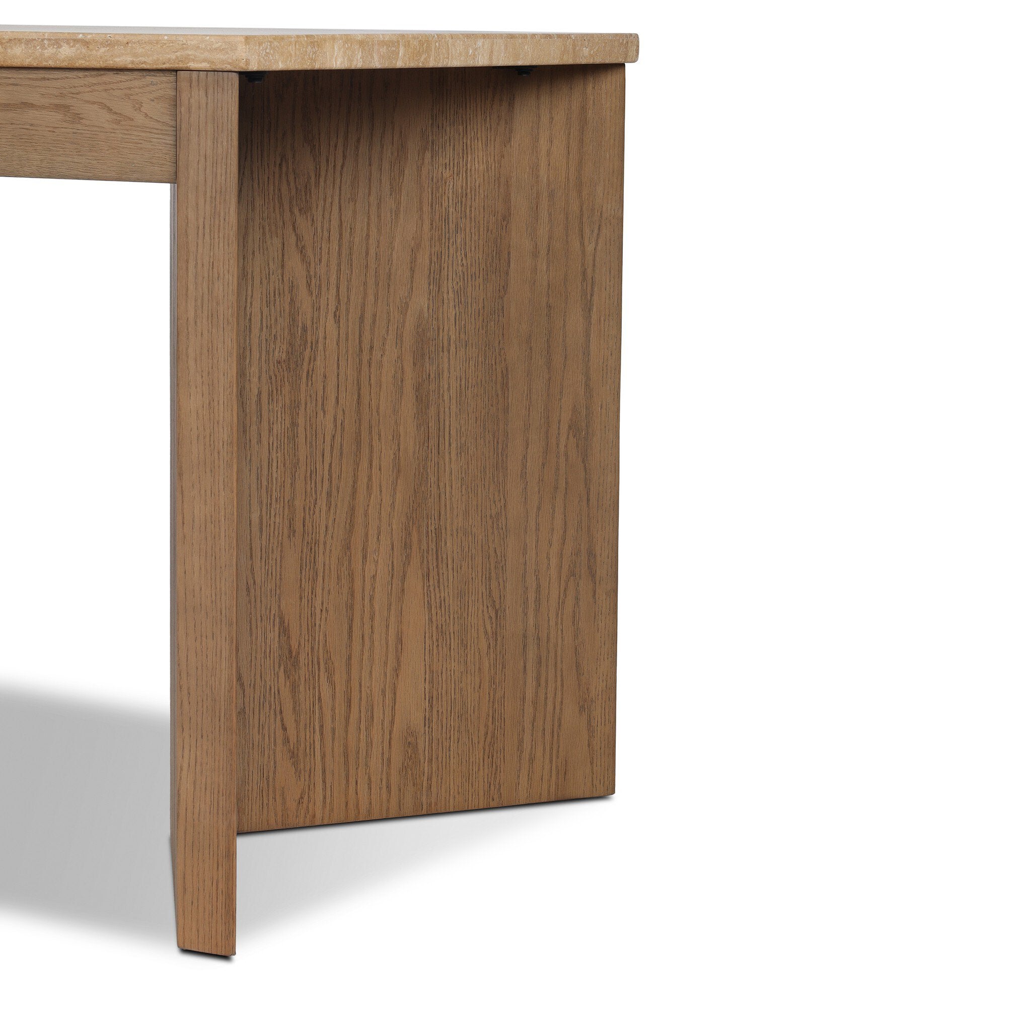Four Hands Lawson Desk in amber oak veneer with golden travertine top, close-up detail of travertine, view 1