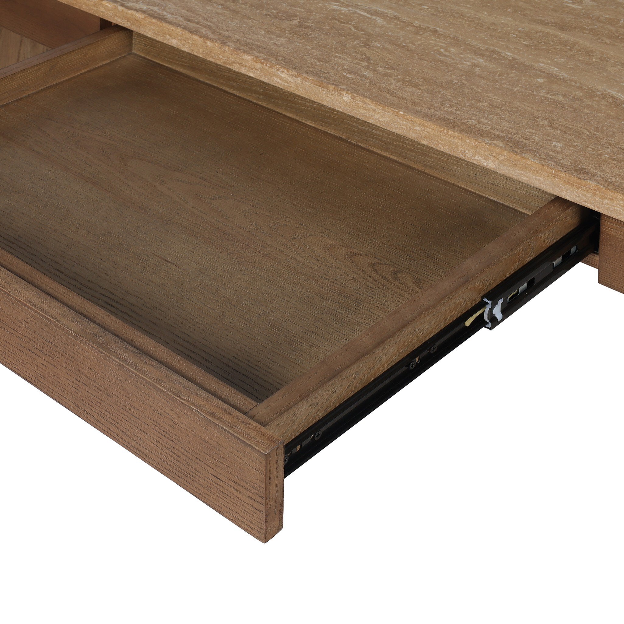 Four Hands Lawson Desk in amber oak veneer with golden travertine top, close-up detail of travertine, view 3