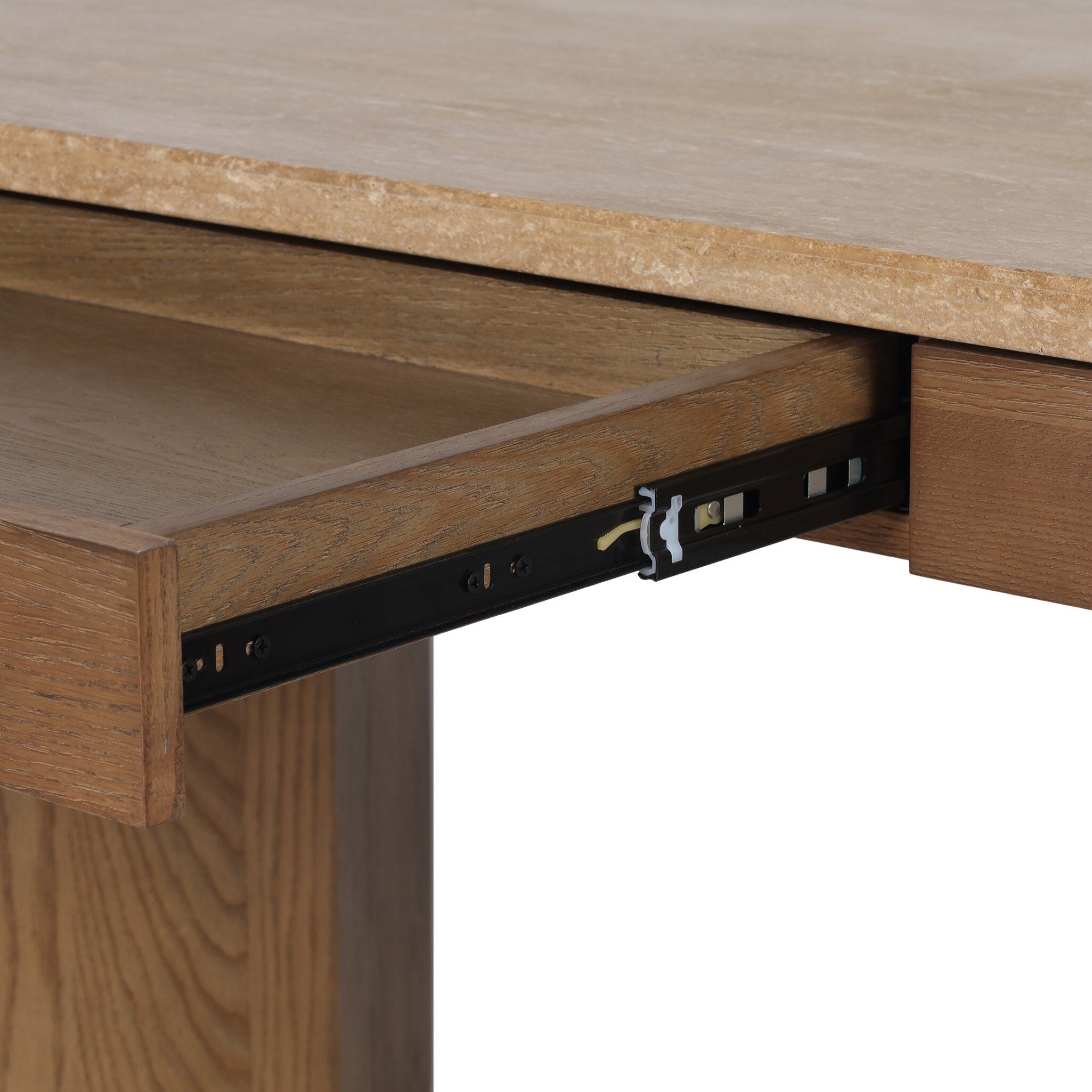 Four Hands Lawson Desk in amber oak veneer with golden travertine top, close-up detail of oak veneer