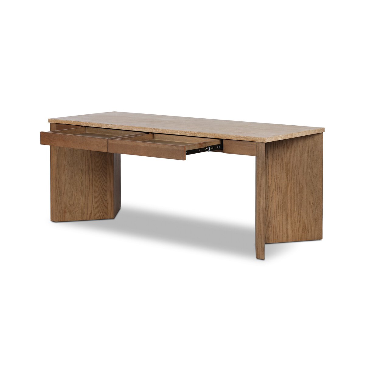 Four Hands Lawson Desk in amber oak veneer with golden travertine top, drawer open view