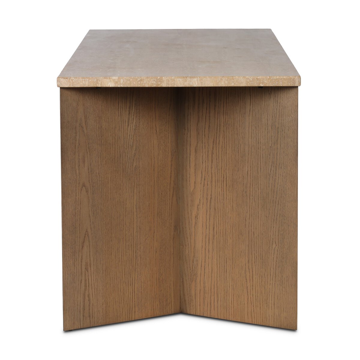 Four Hands Lawson Desk in amber oak veneer with golden travertine top, side profile view