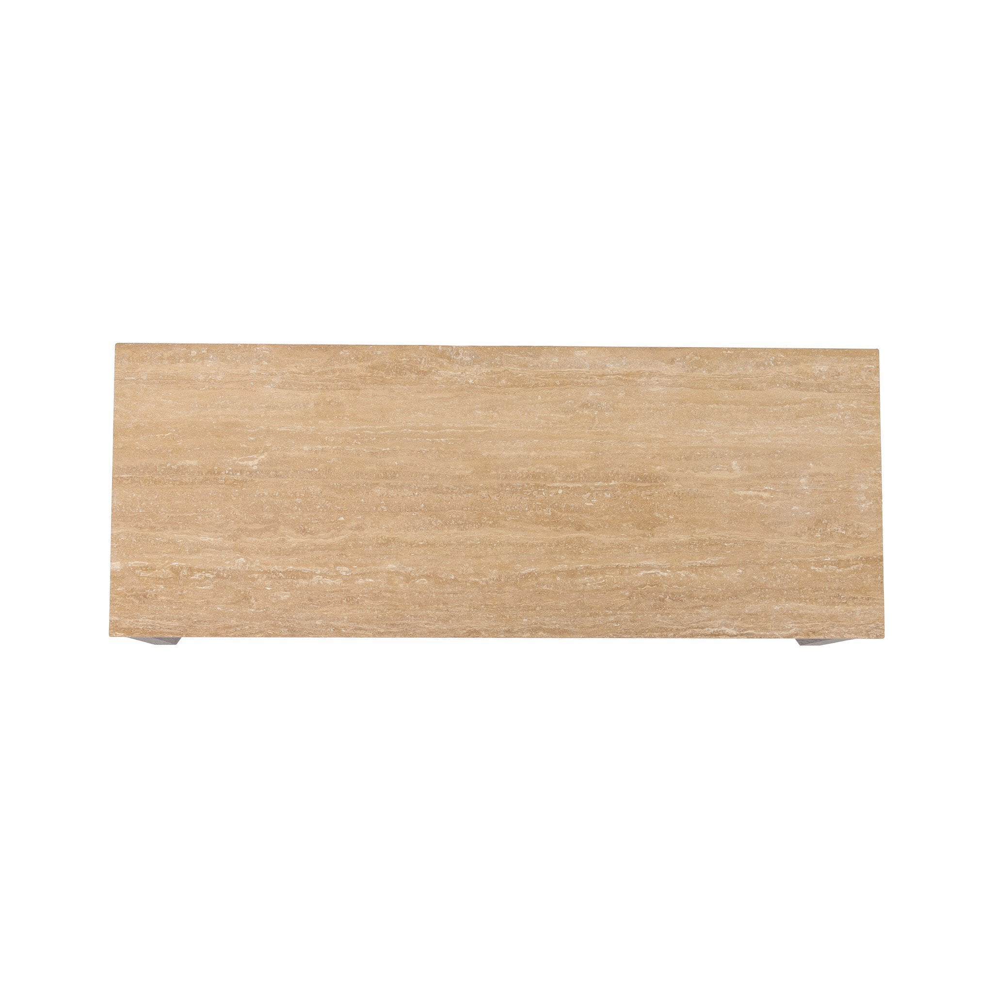 Four Hands Lawson Desk in amber oak veneer with golden travertine top, top surface showing travertine