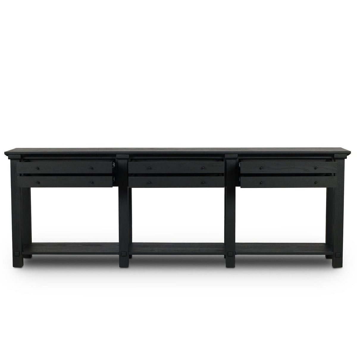 Four Hands Gardendale Stained Black Oak Console Table storage detail